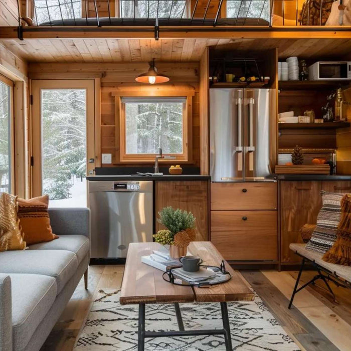 Cozy tiny home interior with a sofa, kitchen, and loft bed, illustrating why people ask are tiny homes considered manufactured homes when viewing small, well-designed living spaces