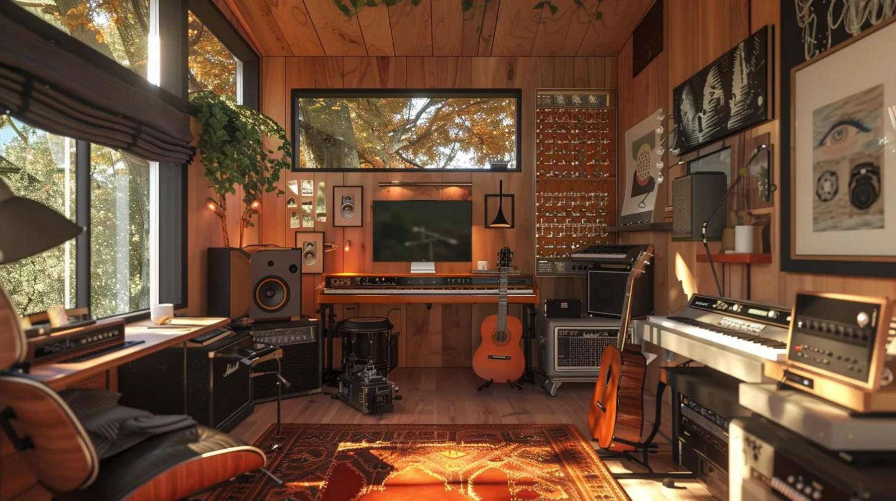 Cozy wood-paneled studio with guitars, keyboards, and speakers, perfect inspiration for anyone learning How to Make a Music Room