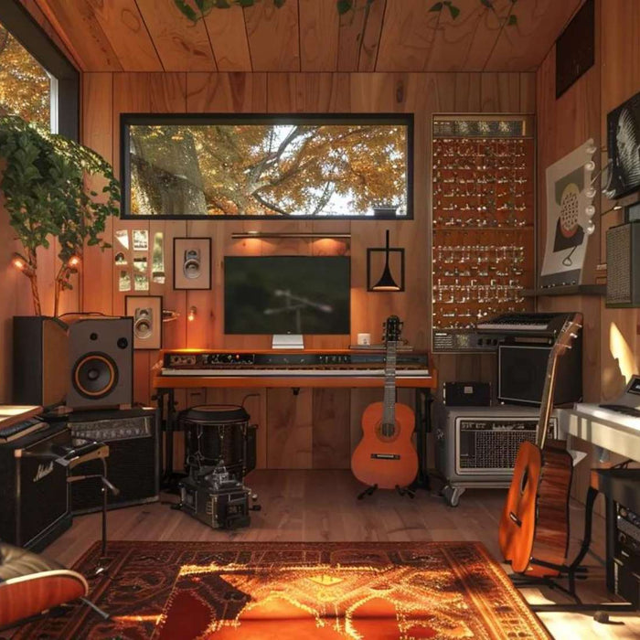Cozy wood-paneled studio with guitars, keyboards, and speakers, perfect inspiration for anyone learning How to Make a Music Room