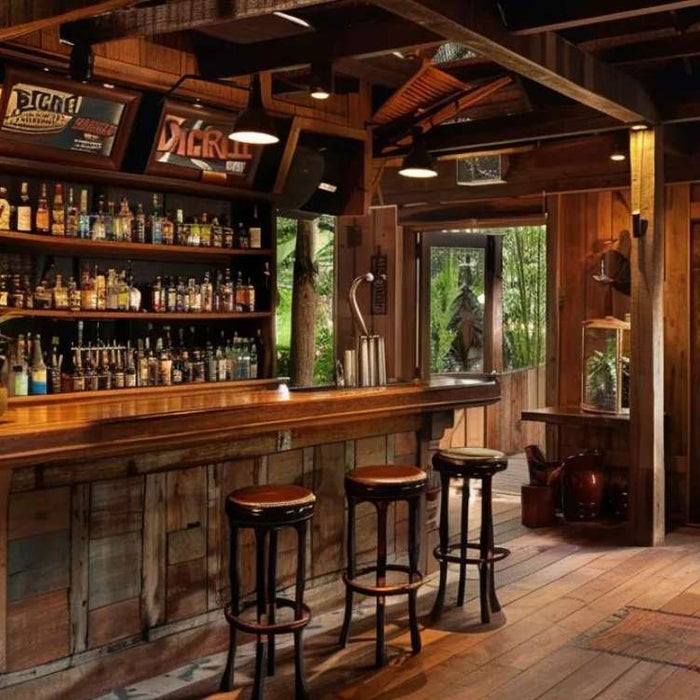 Cozy wooden interior garden house bar with a long timber counter, bar stools, shelves of bottles, warm lighting, and large windows opening to lush greenery outside
