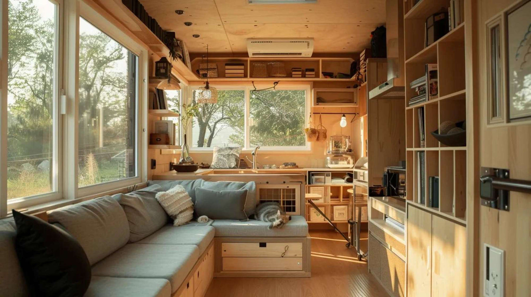 Cozy wooden room with large windows and a cat resting on the sofa, styled like a she shed for cats