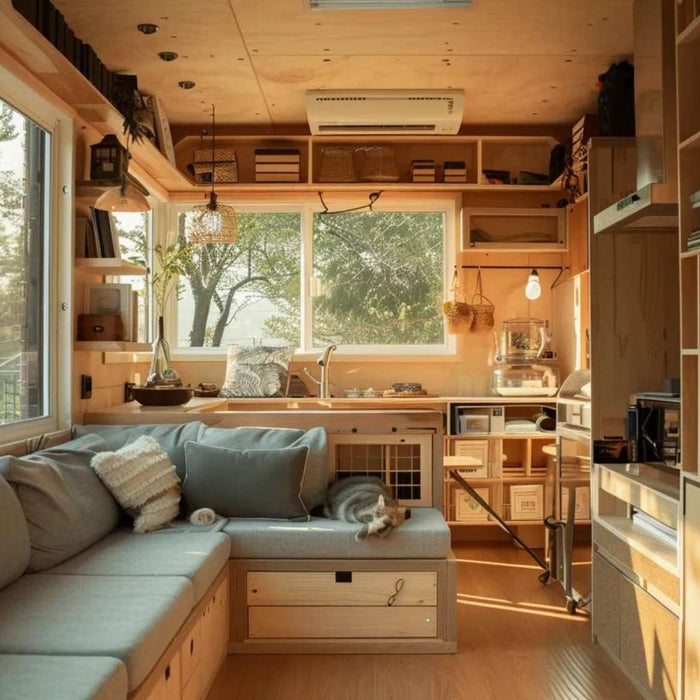 Cozy wooden room with large windows and a cat resting on the sofa, styled like a she shed for cats