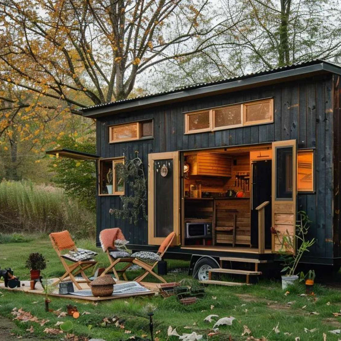 Cozy wooden tiny house on wheels surrounded by nature, showing what are the advantages and disadvantages of living in a tiny house through its compact yet inviting design