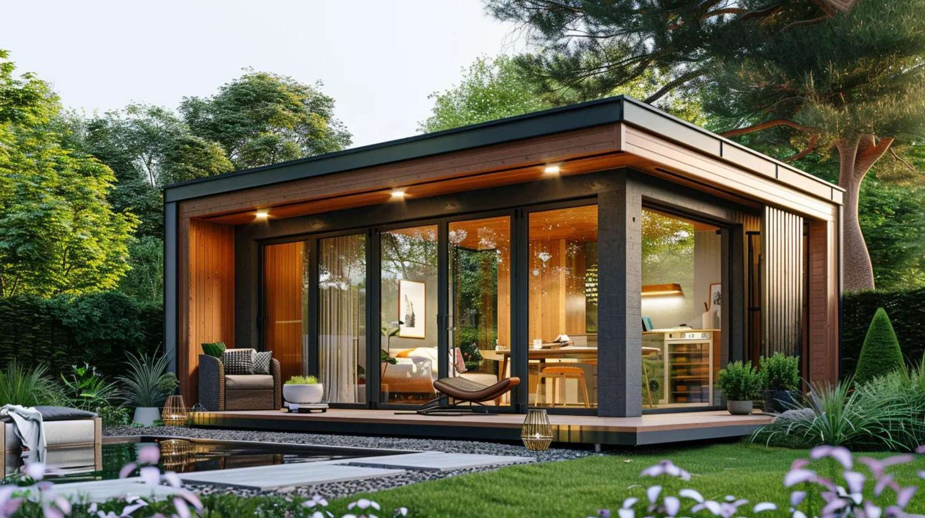 Craft studio income starts in this modern backyard garden room with floor-to-ceiling glass doors, warm wood interior, and a compact workspace facing a landscaped yard