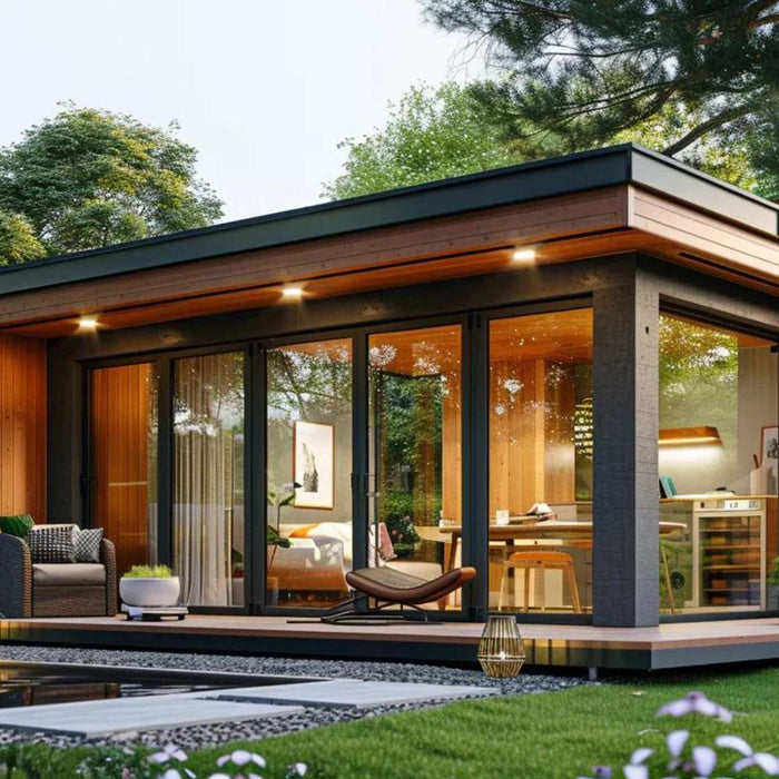 Craft studio income starts in this modern backyard garden room with floor-to-ceiling glass doors, warm wood interior, and a compact workspace facing a landscaped yard