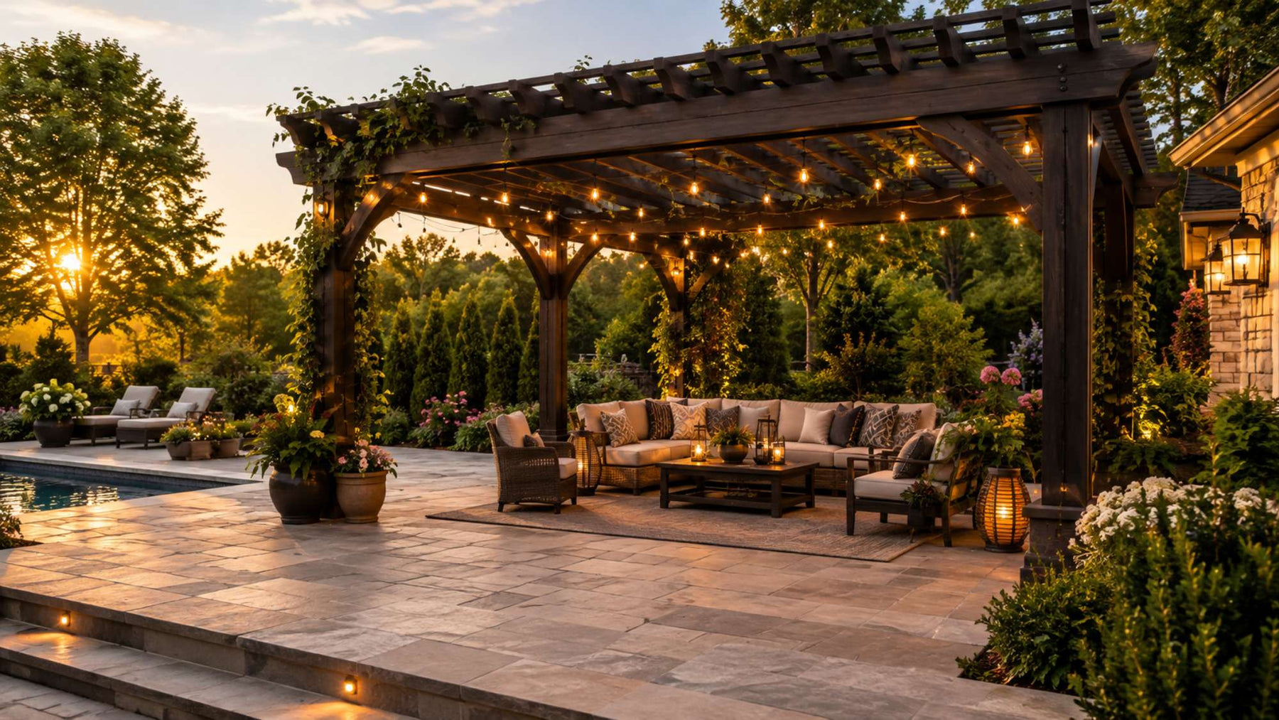 Dark wood outdoor pergola with string lights, cushioned seating, lush garden plants, and a nearby pool at sunset