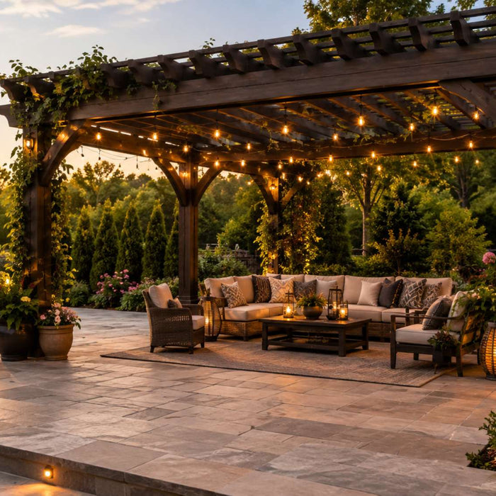 Dark wood outdoor pergola with string lights, cushioned seating, lush garden plants, and a nearby pool at sunset
