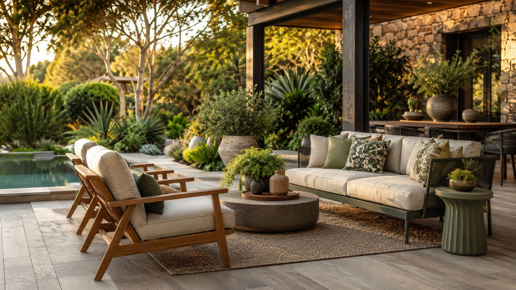 Elegant outdoor seating with cushioned wooden chairs, a sofa, and a round coffee table on a lush garden patio beside a pool