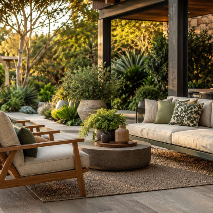 Elegant outdoor seating with cushioned wooden chairs, a sofa, and a round coffee table on a lush garden patio beside a pool