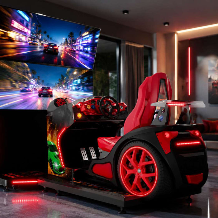 Fast and Furious Arcade Machine with dual racing screens, a red bucket seat, steering wheel, pedals, and glowing red lights in a modern game room