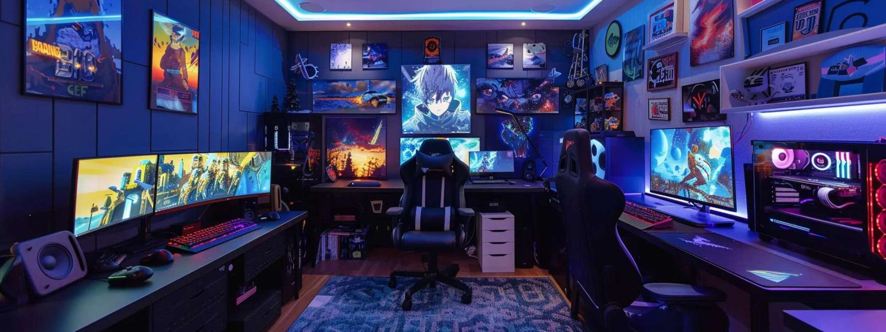 Game room for teens with multiple gaming desks, RGB lighting, large monitors, gaming chairs, and wall art in a compact, high-tech setup