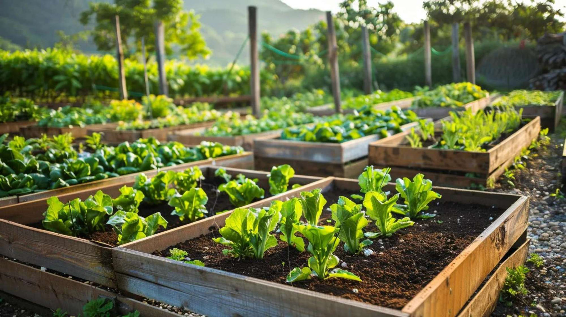 Garden soil prep in raised garden beds with young leafy vegetables growing in rich dark soil under bright spring sunlight
