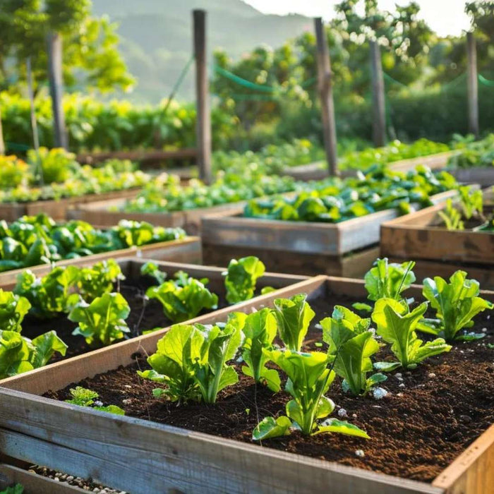 Garden soil prep in raised garden beds with young leafy vegetables growing in rich dark soil under bright spring sunlight