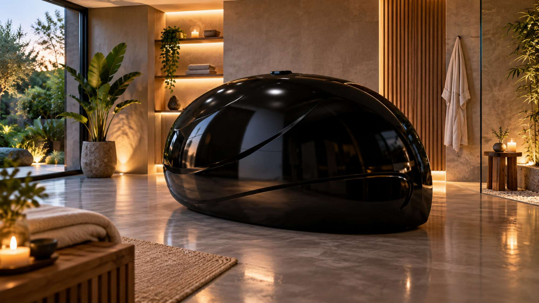 Glossy black home float tank sits in a warm modern wellness room with plants, soft lighting, towels, and a polished floor