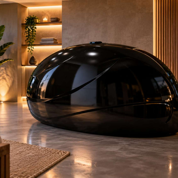 Glossy black home float tank sits in a warm modern wellness room with plants, soft lighting, towels, and a polished floor