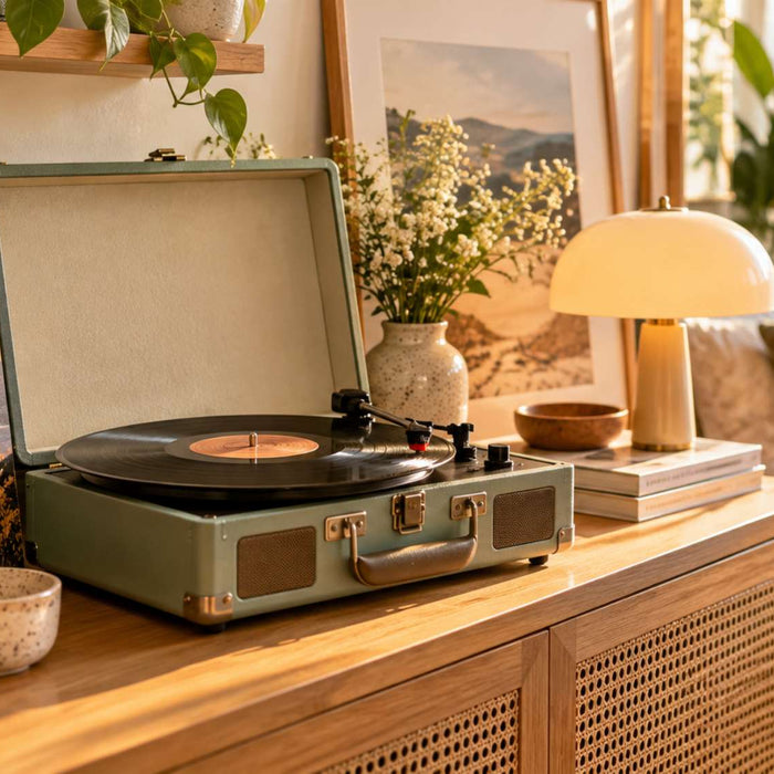 Green suitcase-style portable record player with a vinyl record sits on a wooden cabinet beside stacked albums, plants, and a lamp in a sunlit room