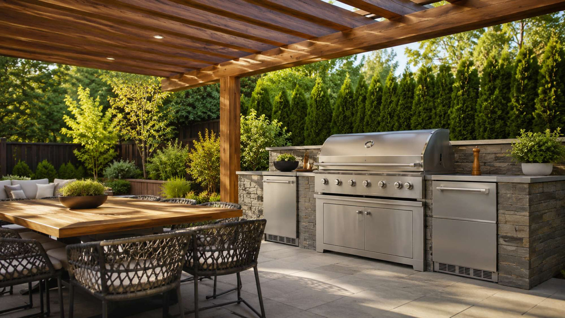 Grill safety outdoor kitchen with a built-in stainless steel BBQ grill under a modern wooden pergola and adjacent dining area
