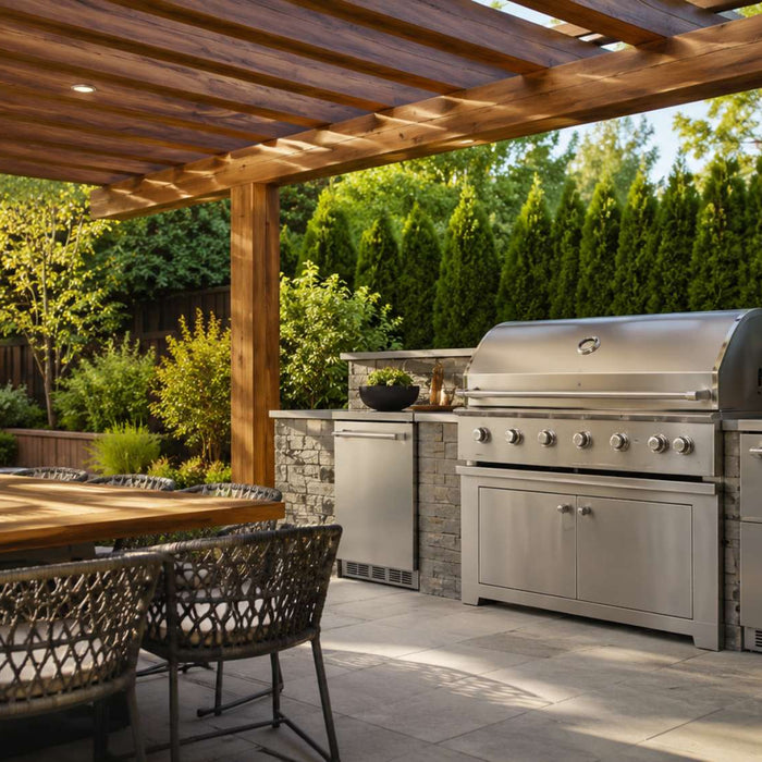 Grill safety outdoor kitchen with a built-in stainless steel BBQ grill under a modern wooden pergola and adjacent dining area