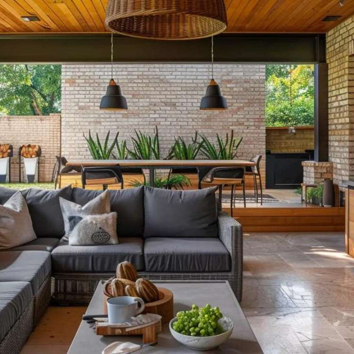 How to design outdoor kitchen with a covered patio, built-in grill, wood cabinets, dining table, and outdoor seating for cooking and relaxing