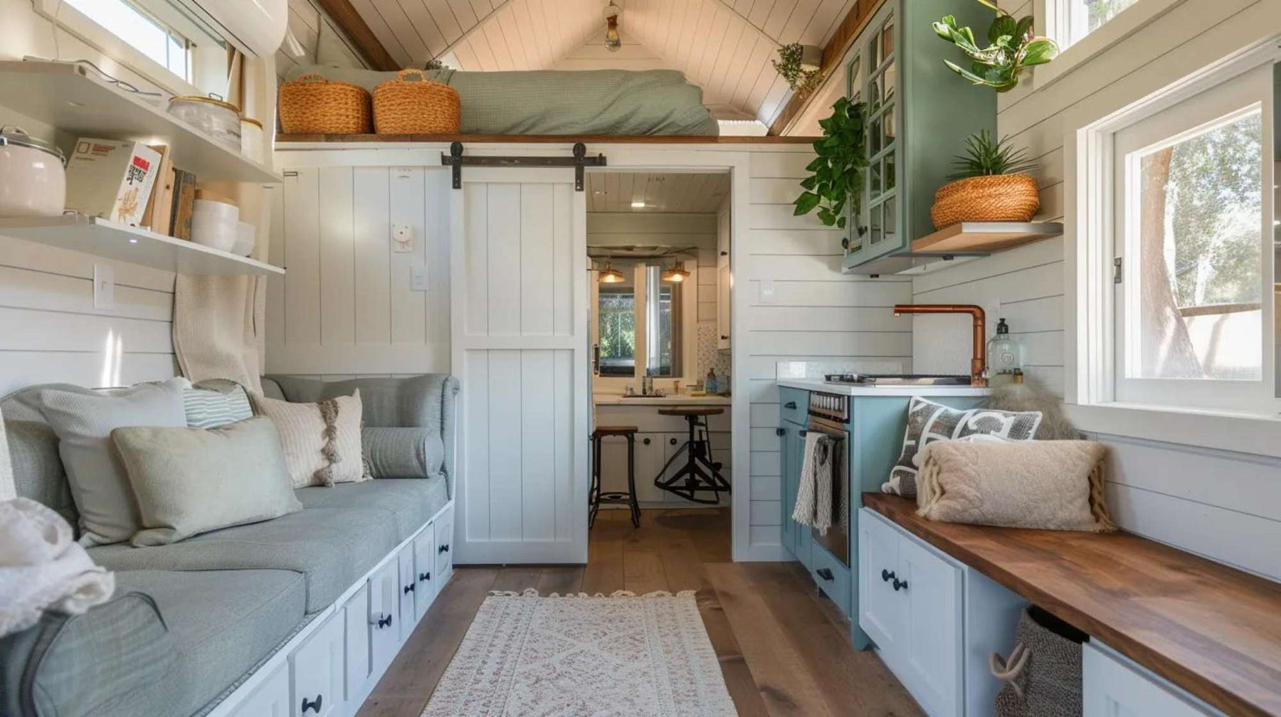 Interior of a compact garden house with bathroom, showing a small sofa, built-in storage, kitchenette, loft bed, and a bathroom visible through a sliding door in a bright, cozy space