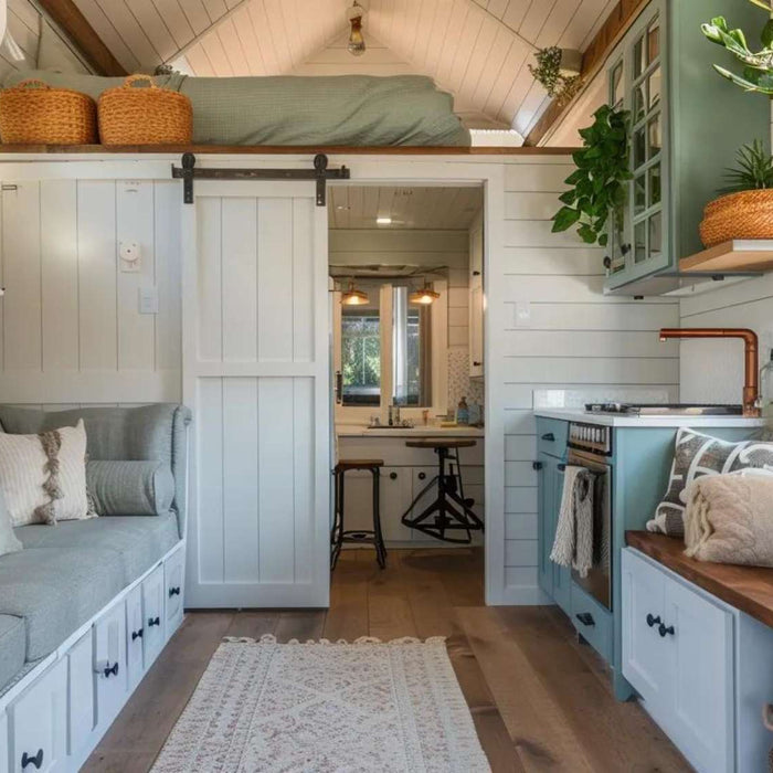 Interior of a compact garden house with bathroom, showing a small sofa, built-in storage, kitchenette, loft bed, and a bathroom visible through a sliding door in a bright, cozy space