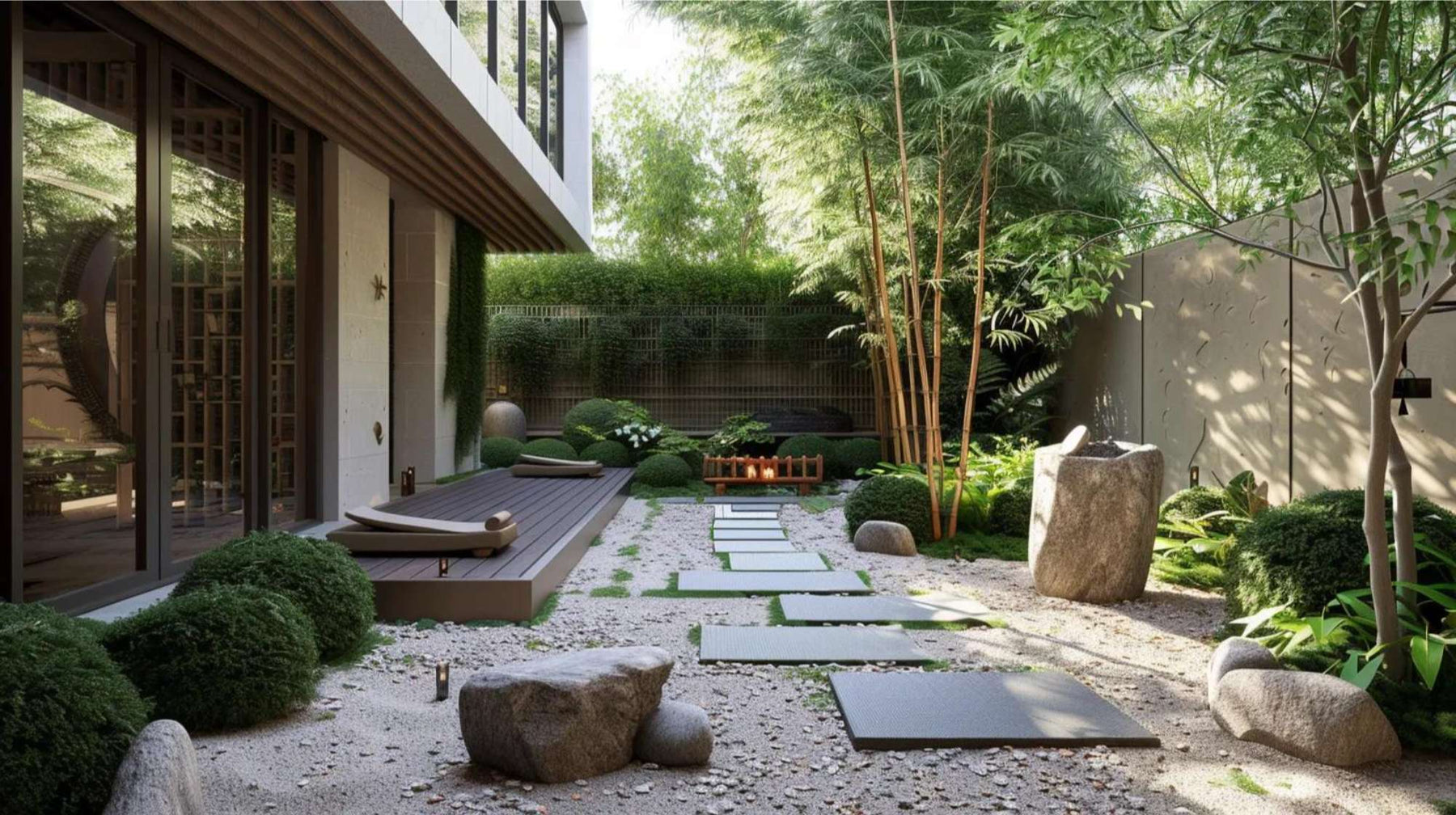 Japanese-inspired outdoor meditation space with bamboo, stone pathways, gravel, and a peaceful wooden deck