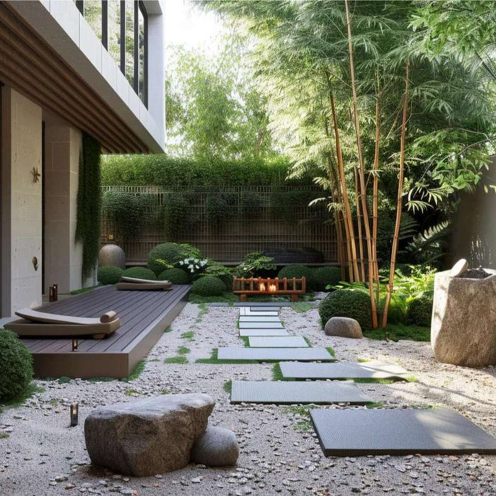 Japanese-inspired outdoor meditation space with bamboo, stone pathways, gravel, and a peaceful wooden deck