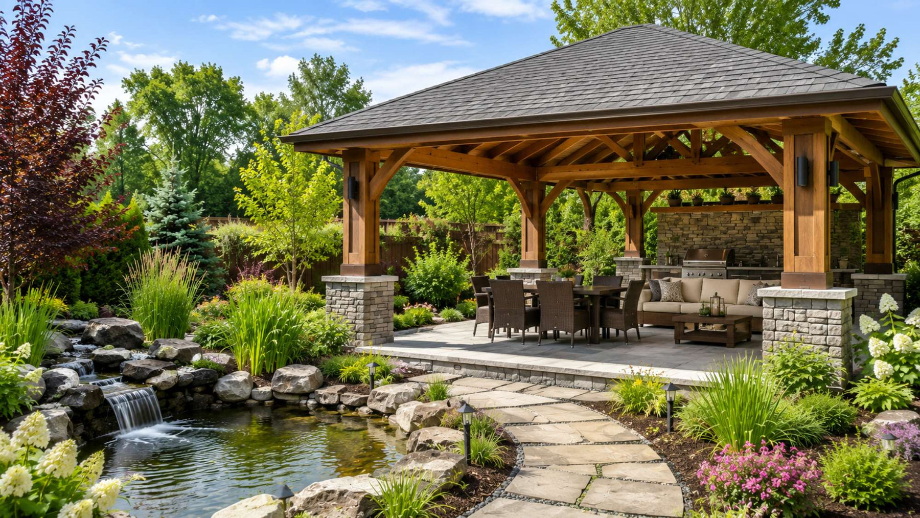 Landscaped wooden pavilion with an outdoor kitchen, stone pathway, pond, and lush gardens showcasing backyard pavilion landscaping ideas