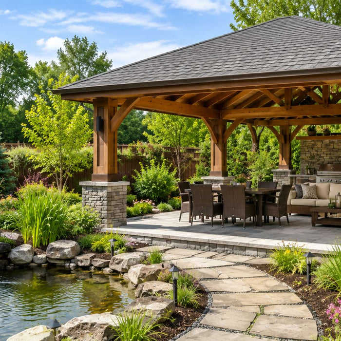 Landscaped wooden pavilion with an outdoor kitchen, stone pathway, pond, and lush gardens showcasing backyard pavilion landscaping ideas