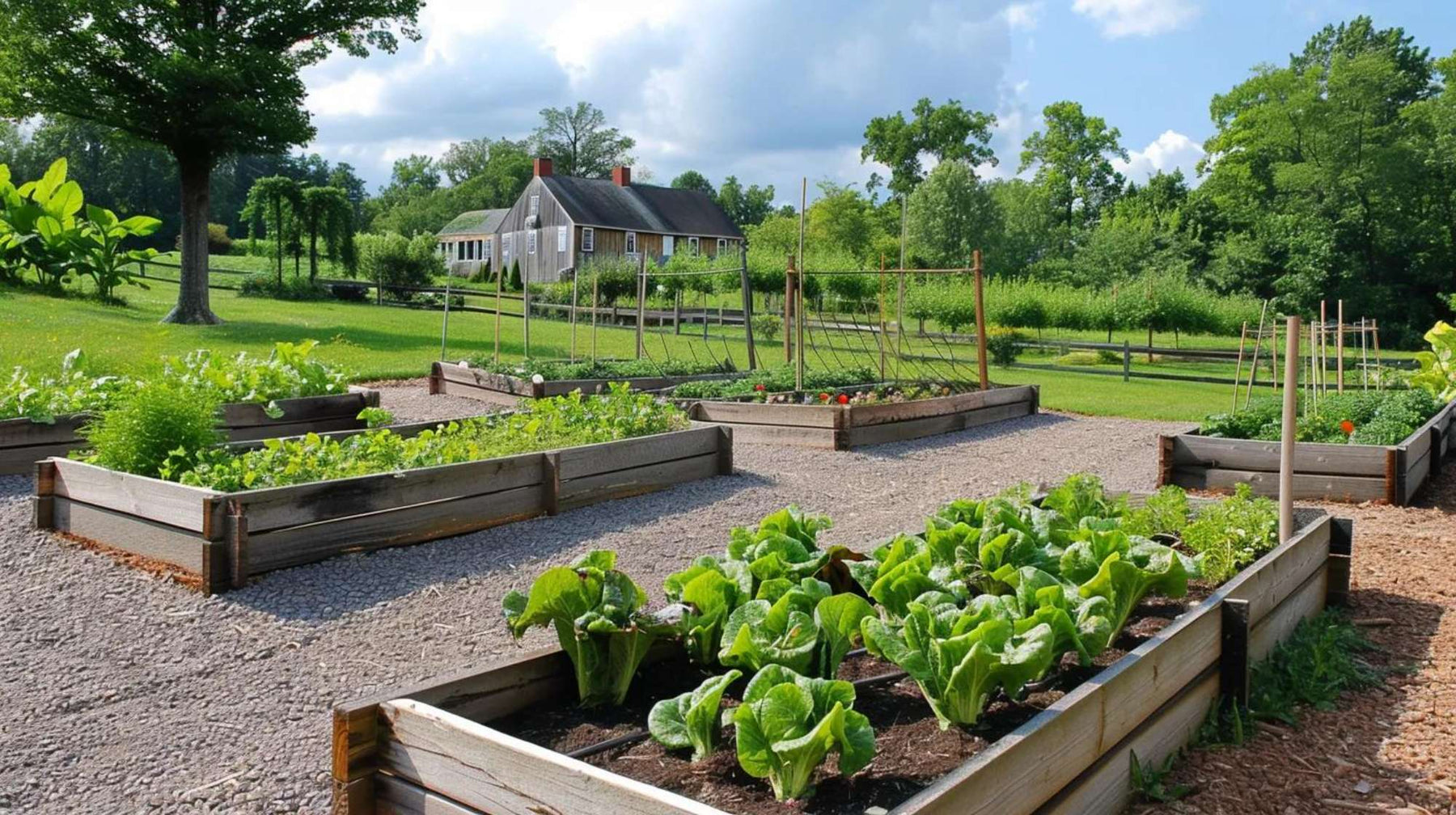 Large backyard vegetable garden with multiple raised garden beds growing leafy greens and climbing plants beside a country home