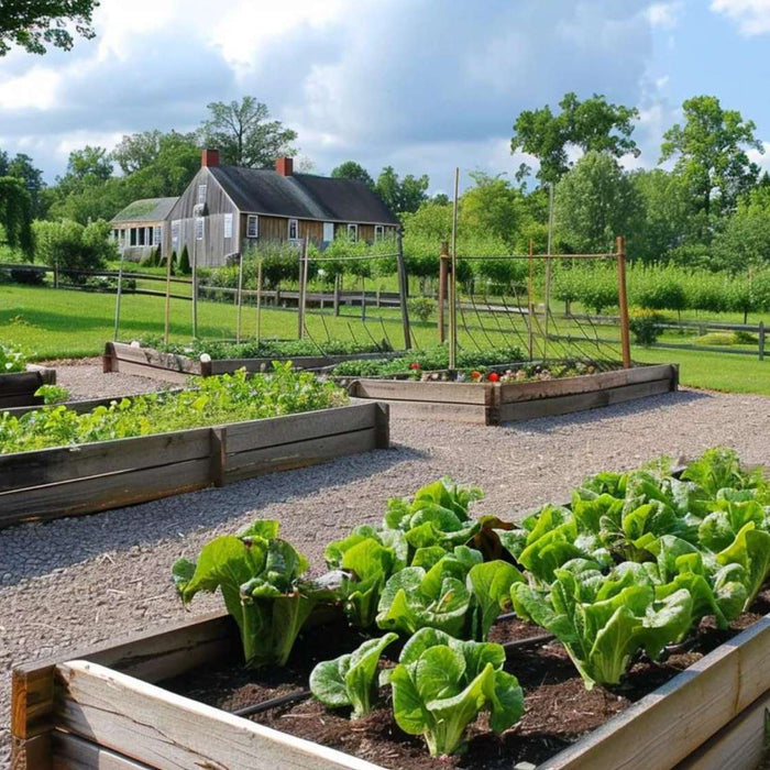 Large backyard vegetable garden with multiple raised garden beds growing leafy greens and climbing plants beside a country home