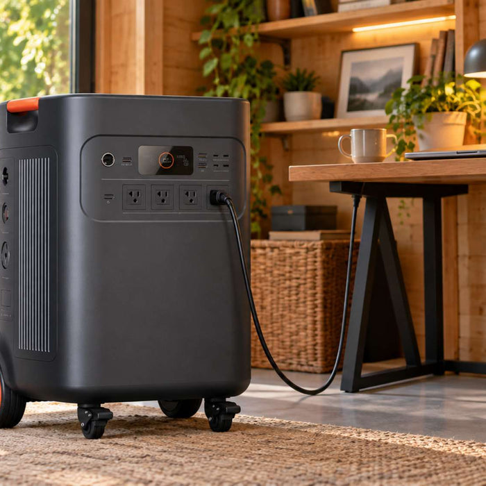 Large wheeled portable power station for shed beside a wooden desk in a bright garden office with plants and natural light