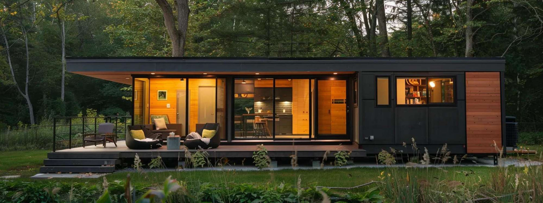 Long, modern tiny home with big windows and inviting seating on the deck illustrates what is tiny home living with comfort and simplicity