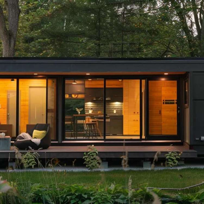 Long, modern tiny home with big windows and inviting seating on the deck illustrates what is tiny home living with comfort and simplicity