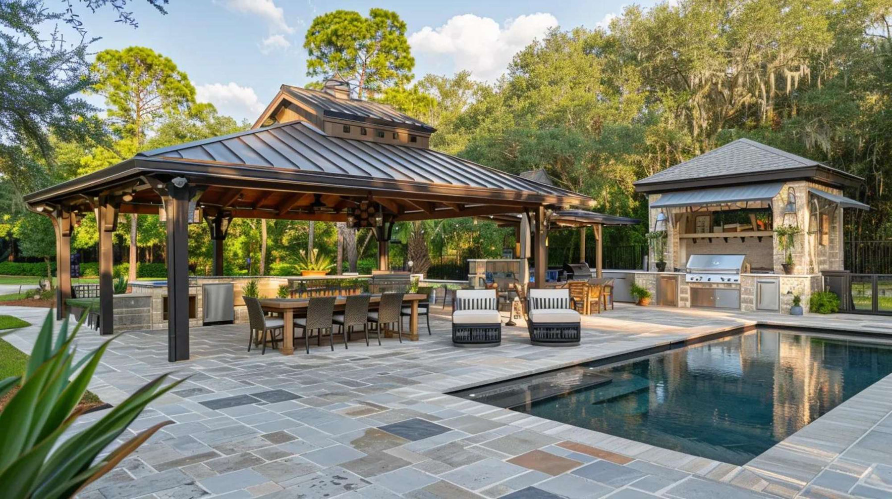 Luxury backyard with covered dining areas, an outdoor kitchen, stone patio, pool, and lush trees shows a backyard property value boost