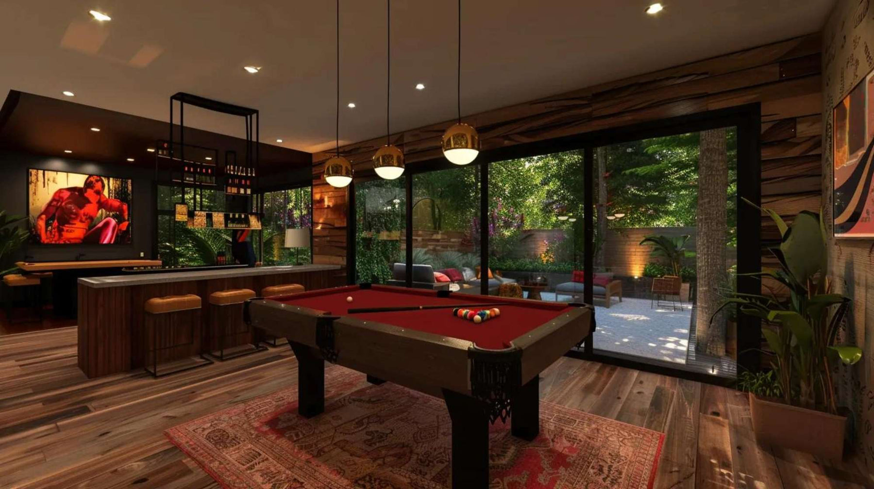 Luxury entertainment space with a pool table, bar seating, and large windows, showcasing the benefits of a game room furniture investment