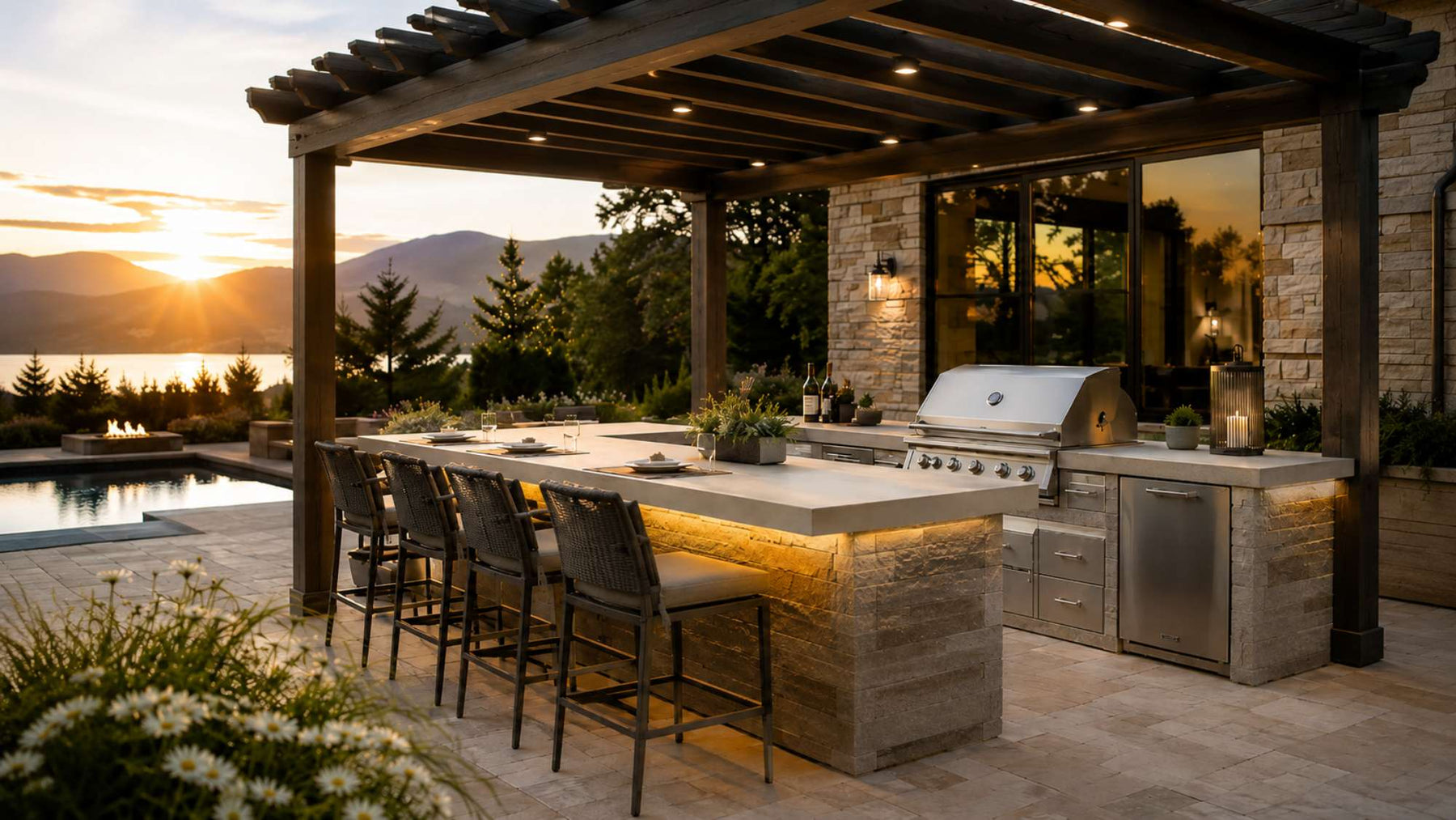 Luxury outdoor kitchen island with built-in grill, bar seating, stone counters, and warm lighting beneath a wooden pergola beside a pool at sunset