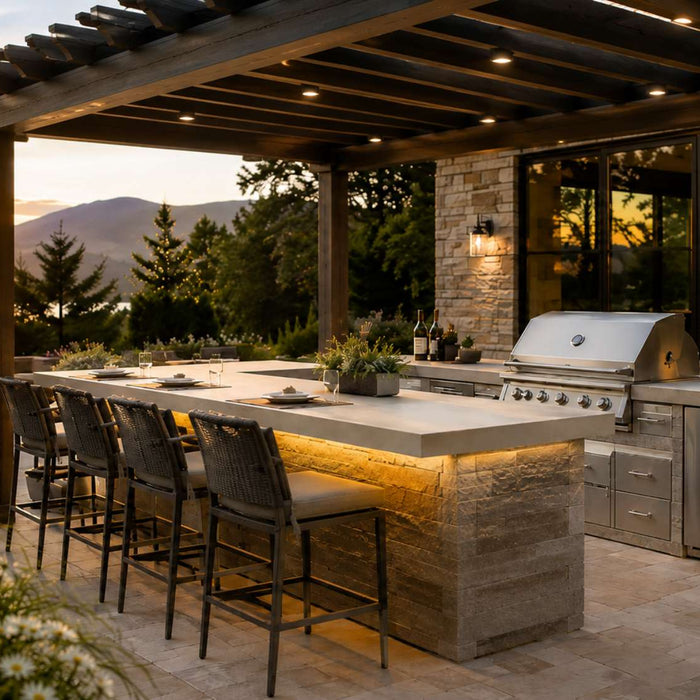 Luxury outdoor kitchen island with built-in grill, bar seating, stone counters, and warm lighting beneath a wooden pergola beside a pool at sunset