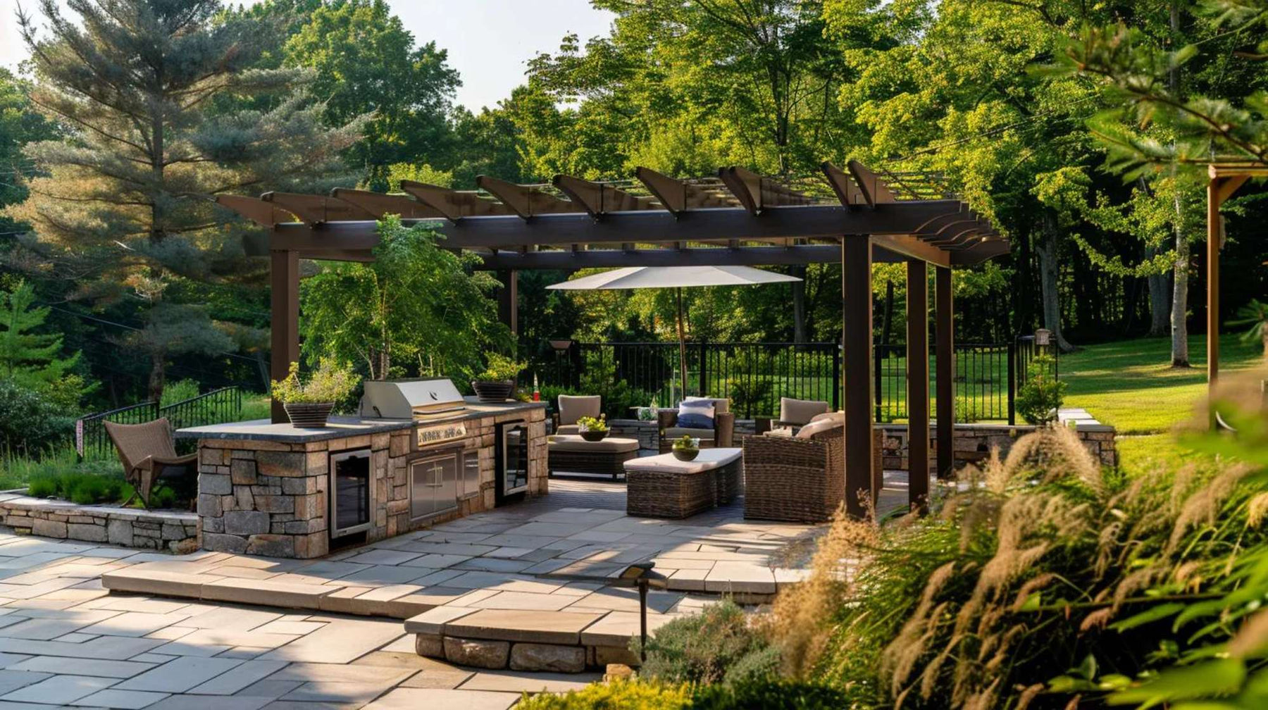 Luxury pergolas in austin, tx covering a backyard patio with outdoor kitchen, seating area, and trees creating a shaded outdoor living space