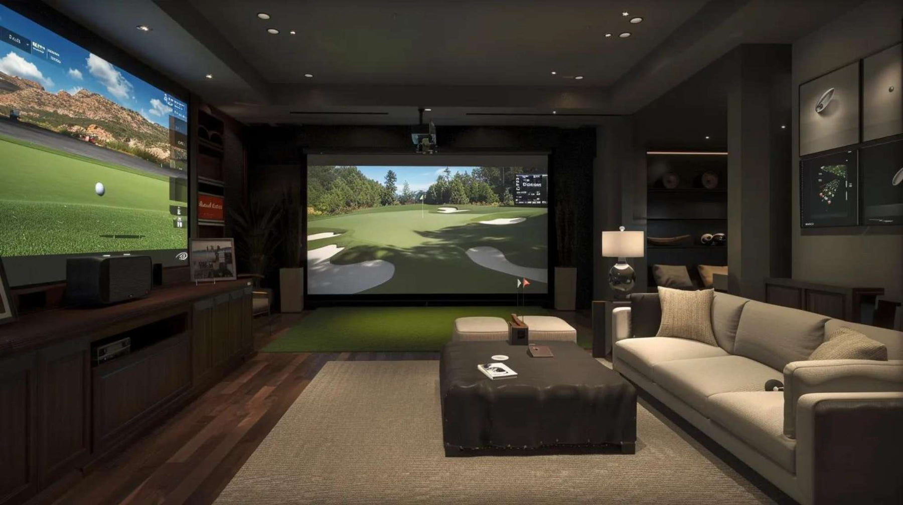 Luxury man cave with a golf simulator, large screens, and seating, highlighting a high-end space and asking does a man cave add value