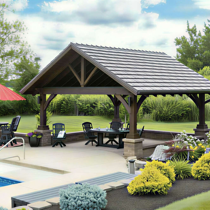 Maintain a pavilion with regular care for this timber frame poolside pavilion and outdoor seating area