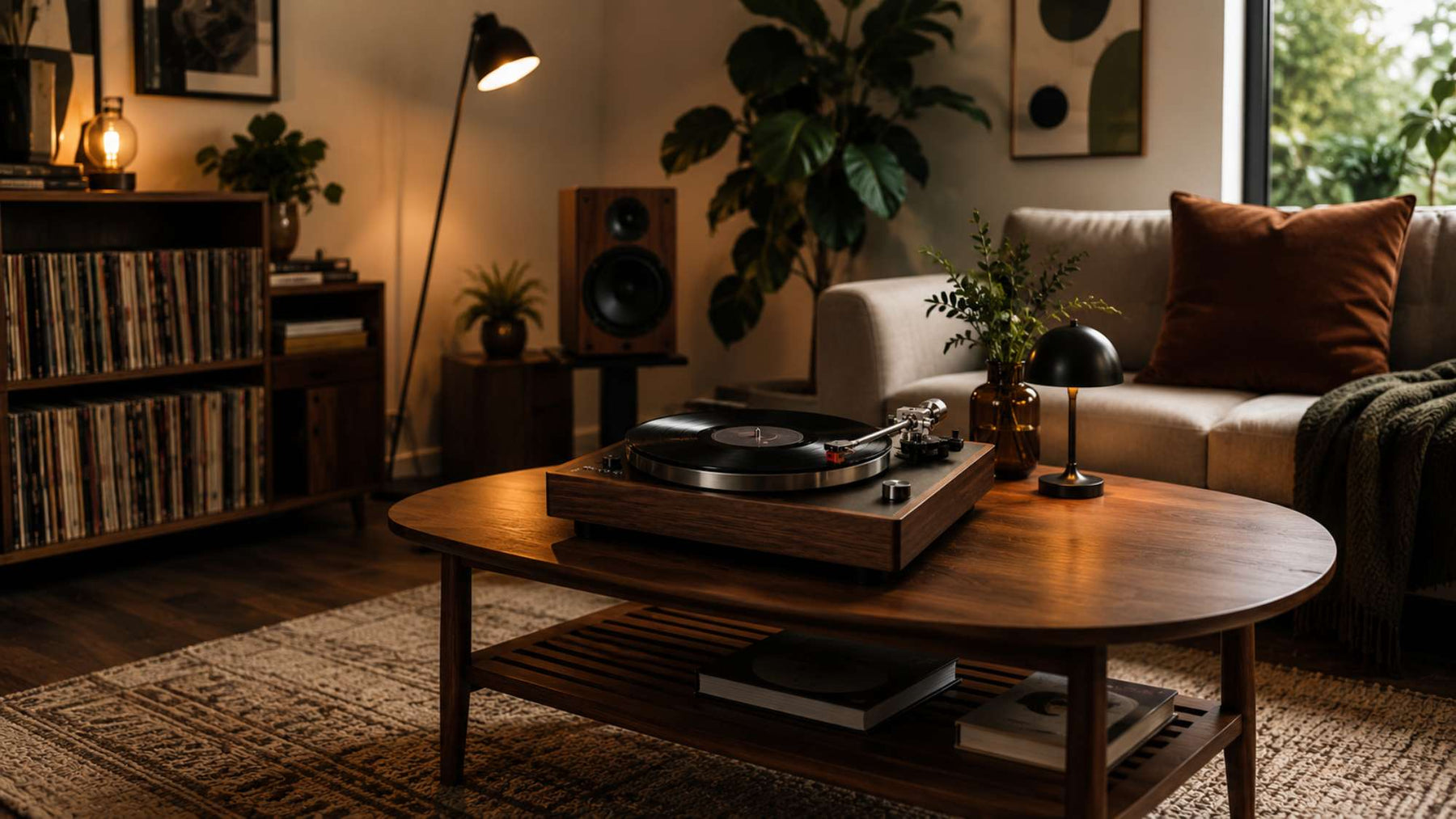 Manual turntable sits on a wooden coffee table in a warm living room with vinyl records, speakers, plants, and soft lighting