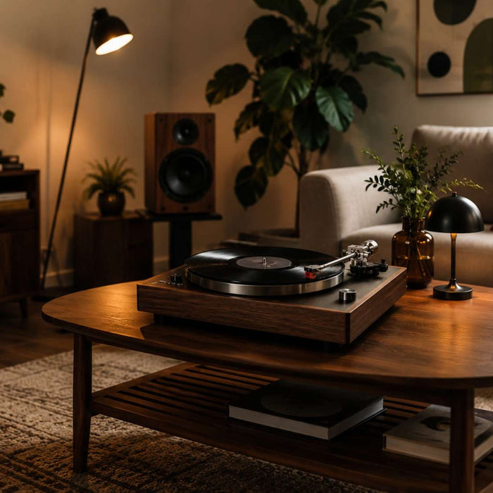 Manual turntable sits on a wooden coffee table in a warm living room with vinyl records, speakers, plants, and soft lighting