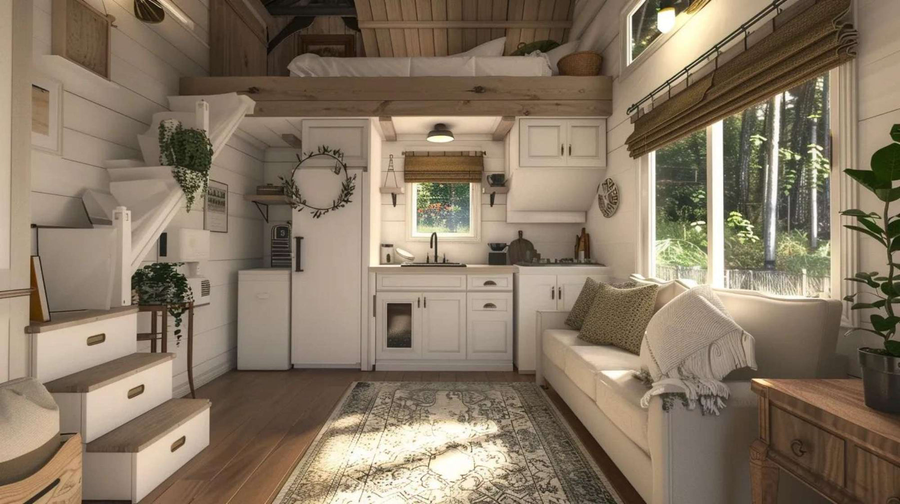Micro home cleaning in a bright tiny house with a loft bed, compact kitchen, built-in storage stairs, and an organized living area