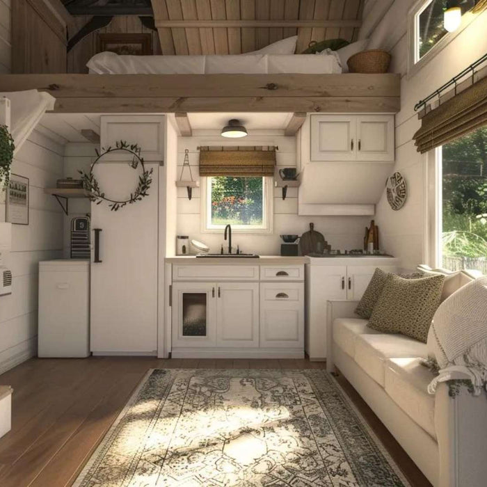 Micro home cleaning in a bright tiny house with a loft bed, compact kitchen, built-in storage stairs, and an organized living area