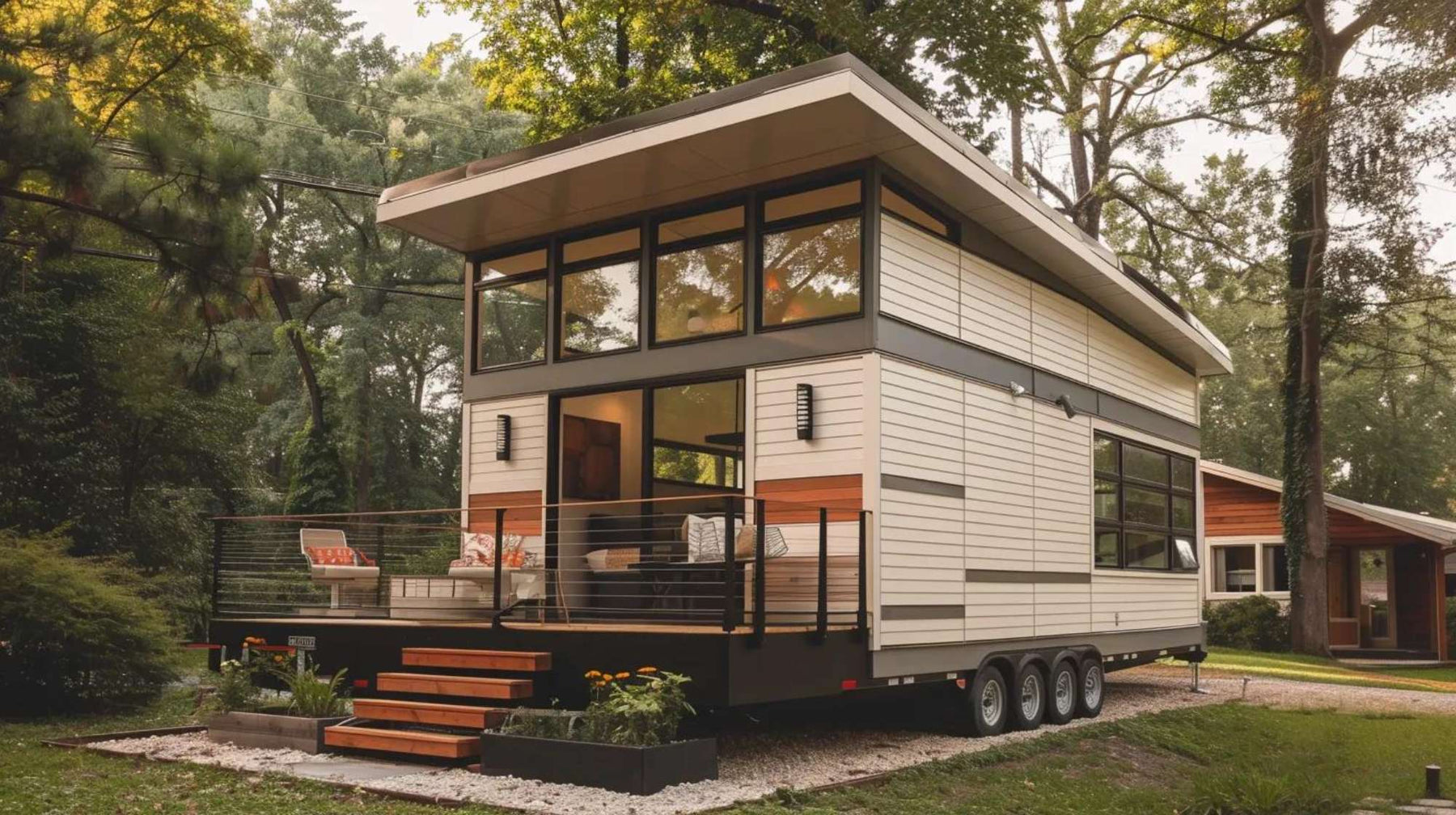 Micro homes design featuring a modern tiny house on wheels with large windows, a small front deck, and a wooded setting