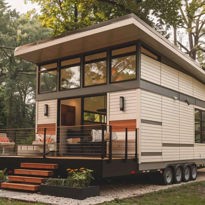Micro homes design featuring a modern tiny house on wheels with large windows, a small front deck, and a wooded setting