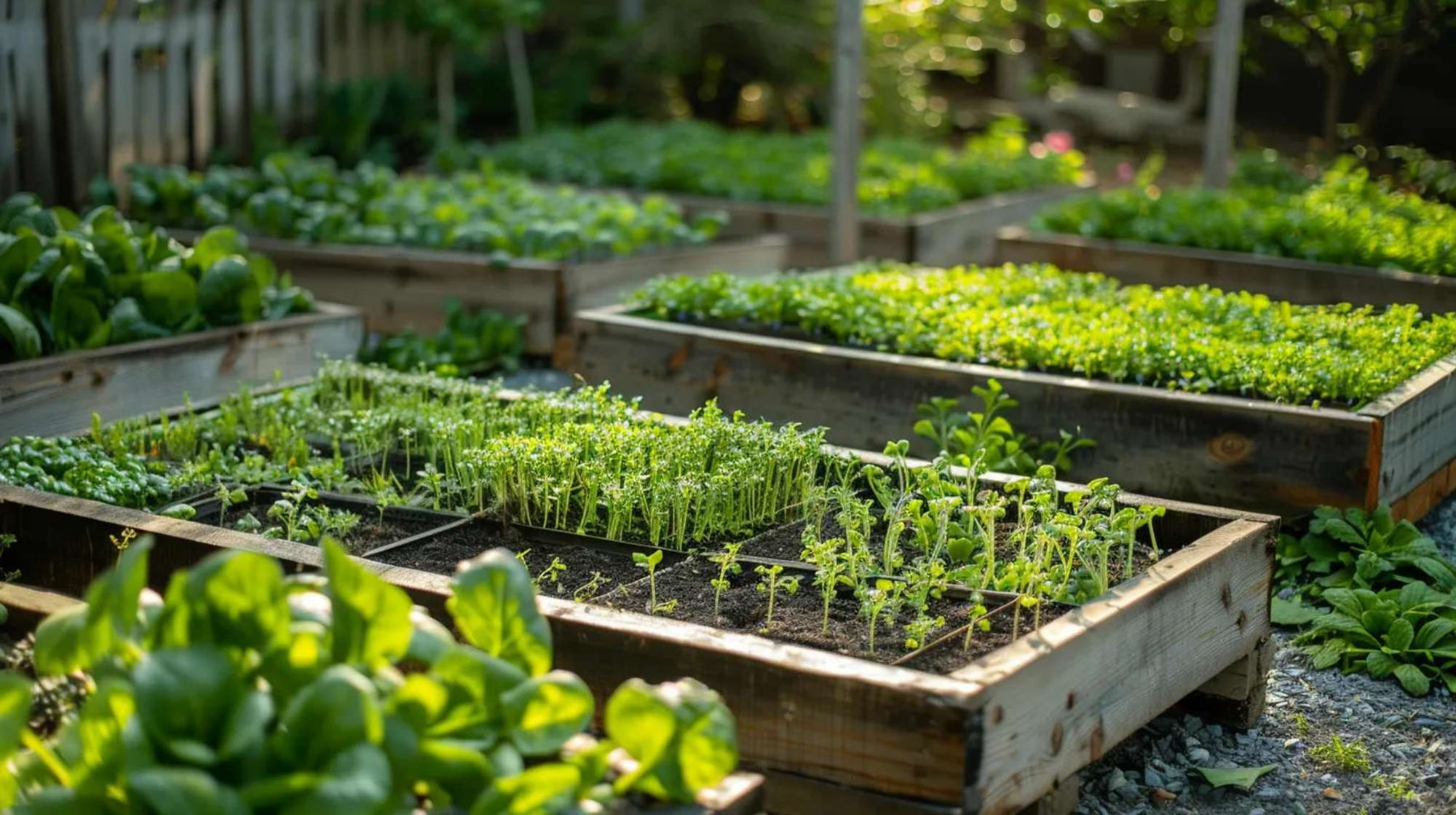 Microgreens business from home setup with rows of small leafy sprouts growing in multiple raised garden beds outdoors