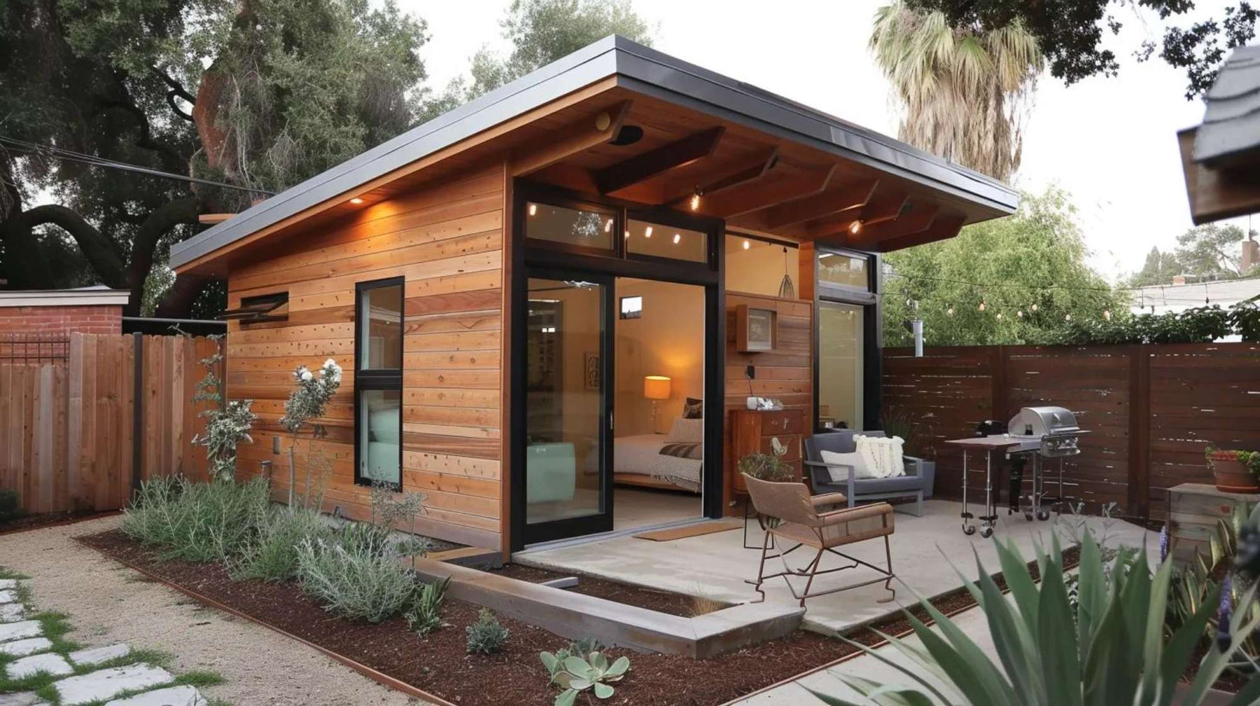 Military housing tiny home rental featuring a modern backyard ADU with wood siding, large glass doors, a private patio, outdoor seating, and landscaped surroundings