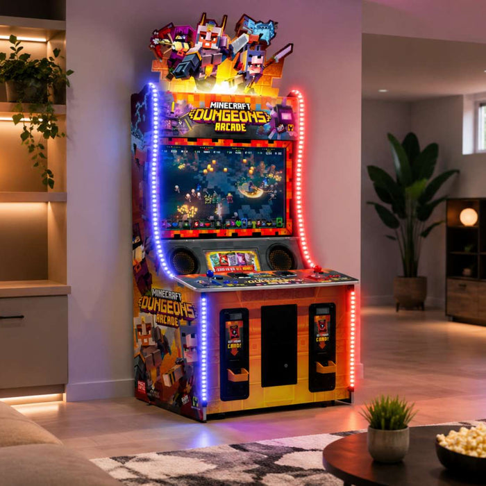 Minecraft arcade machine in a cozy modern game room with glowing LED lights, a sofa, shelving, plants, and a foosball table
